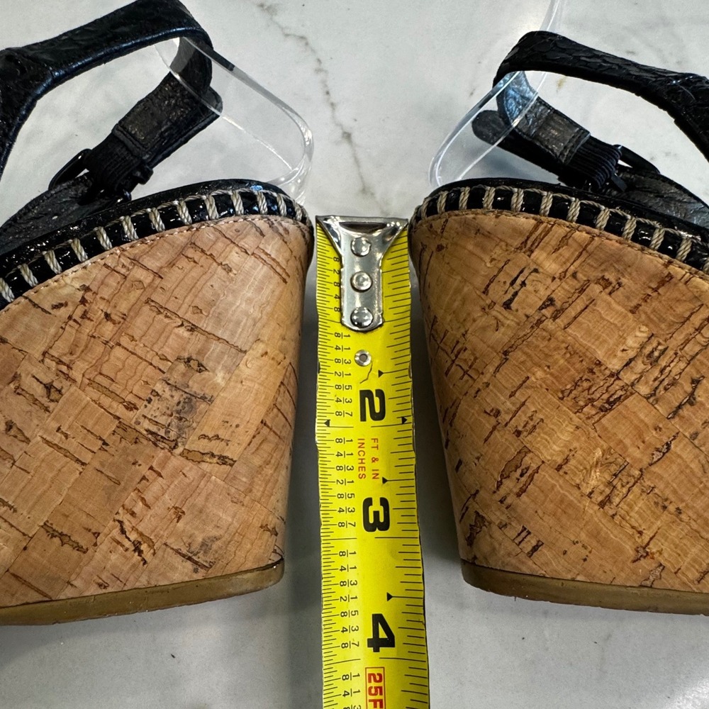 Stuart Weitzman Women 6.5 Black Snakeskin Embossed Cork Wedge Slingback Sandals - Picture 12 of 15